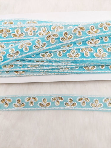 Wholesale Sky Blue Net Lace Floral Embroidery & Glitter Gold Sequins, Indian Wedding Border, Gifting Ribbon Costume Trim Fashion Trimming